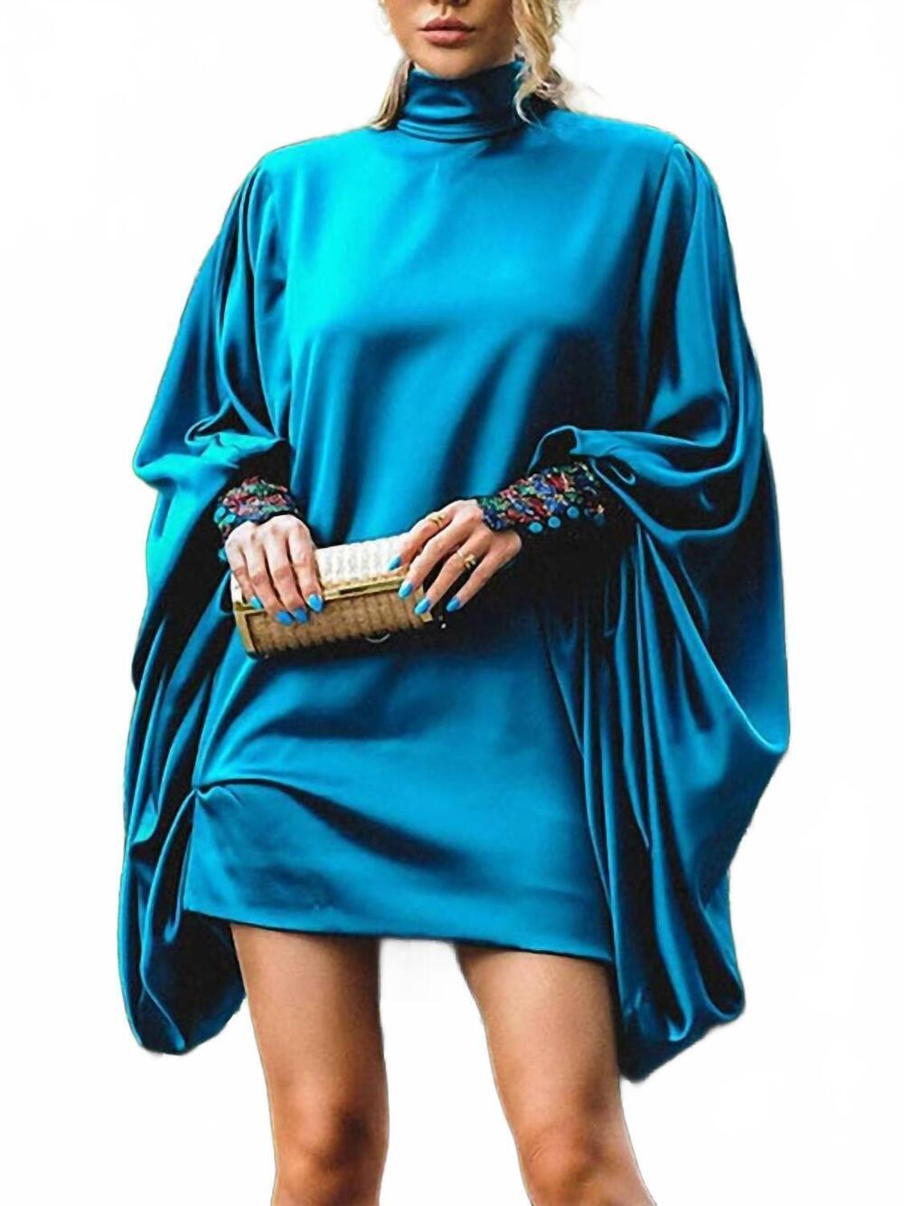 NEW FURDECORATION loose batwing button mini night out dress in peacock blue